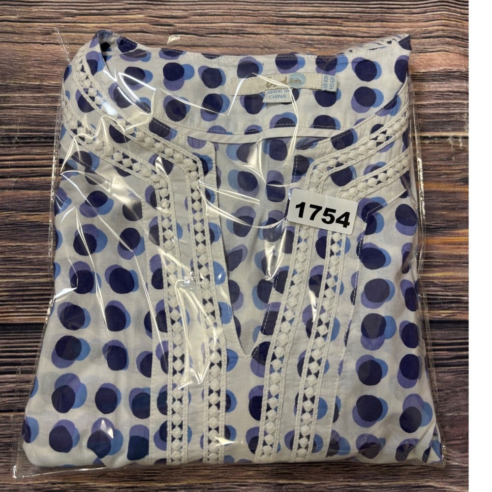 Boden Tunic Top Womens US 6R Blue Purple Polka Dot Cotton Crochet Trim Boho - Picture 13 of 14